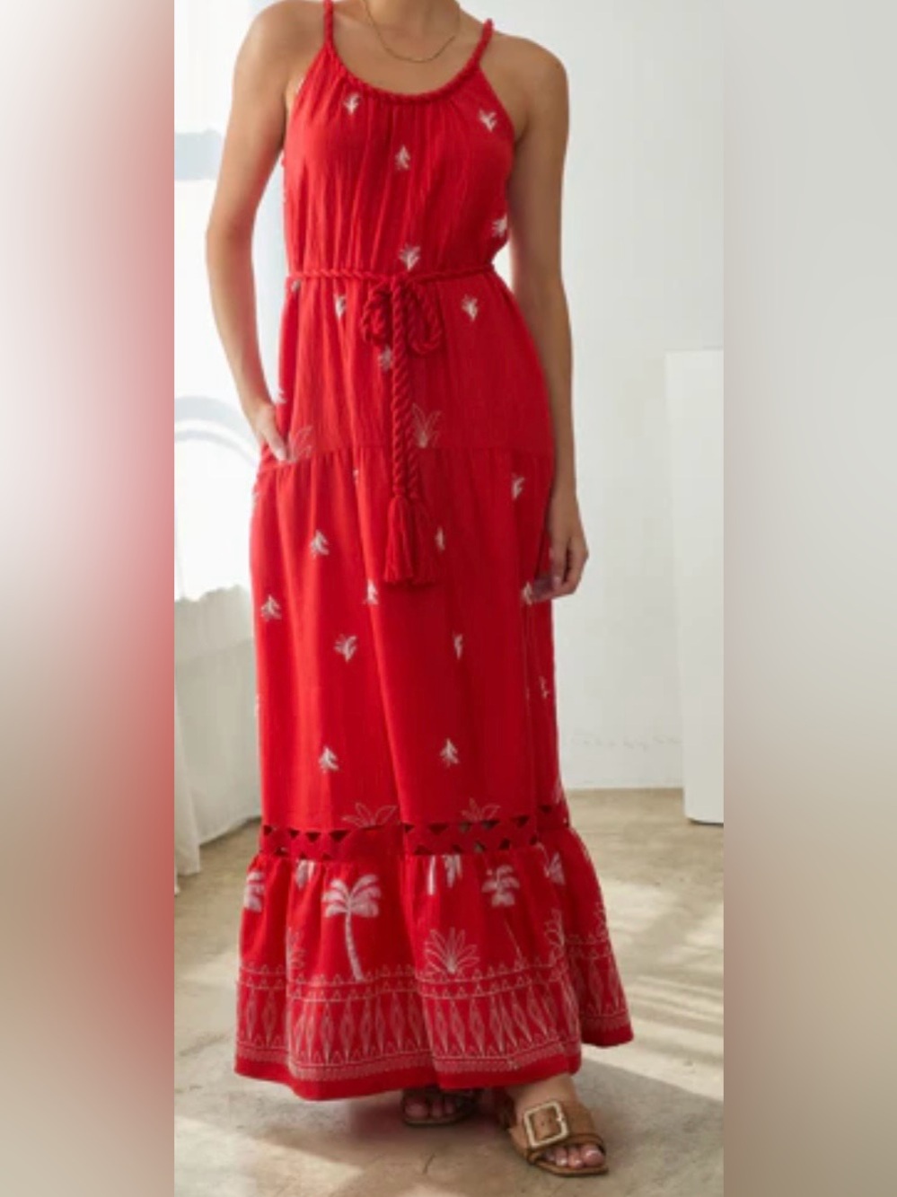 Red Embroidered Maxi Dress with Waist Tie